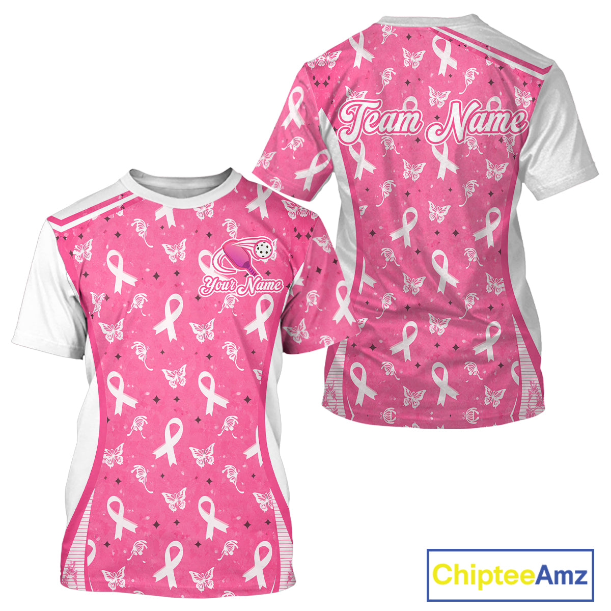 Custom  Pink Ribbon Pickleball T-Shirts For Men Butterfly Breast Cancer Awareness Pickleball Outfits NYN3860