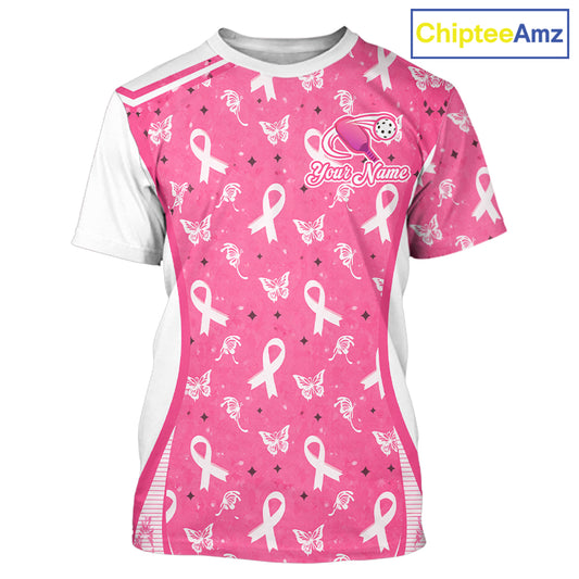 Custom  Pink Ribbon Pickleball T-Shirts For Men Butterfly Breast Cancer Awareness Pickleball Outfits NYN3860