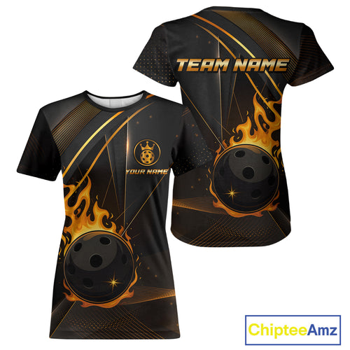 Custom Black And Gold Pickleball Ball T-Shirt For Women Flames Pickleball Team Jersey NYN1482