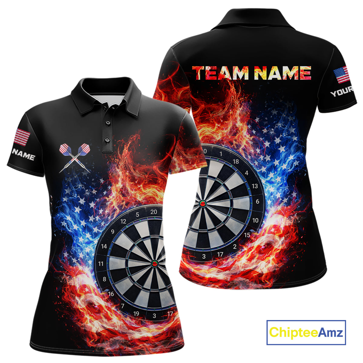 American Flag Fire Flame Smoke Dartboard Women Darts Polo Shirt Custom Dart Team Jersey Gifts NYN2537