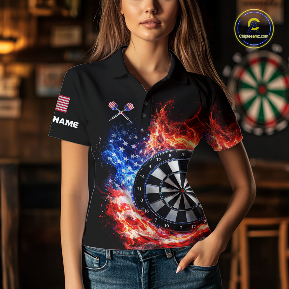 American Flag Fire Flame Smoke Dartboard Women Darts Polo Shirt Custom Dart Team Jersey Gifts NYN2537