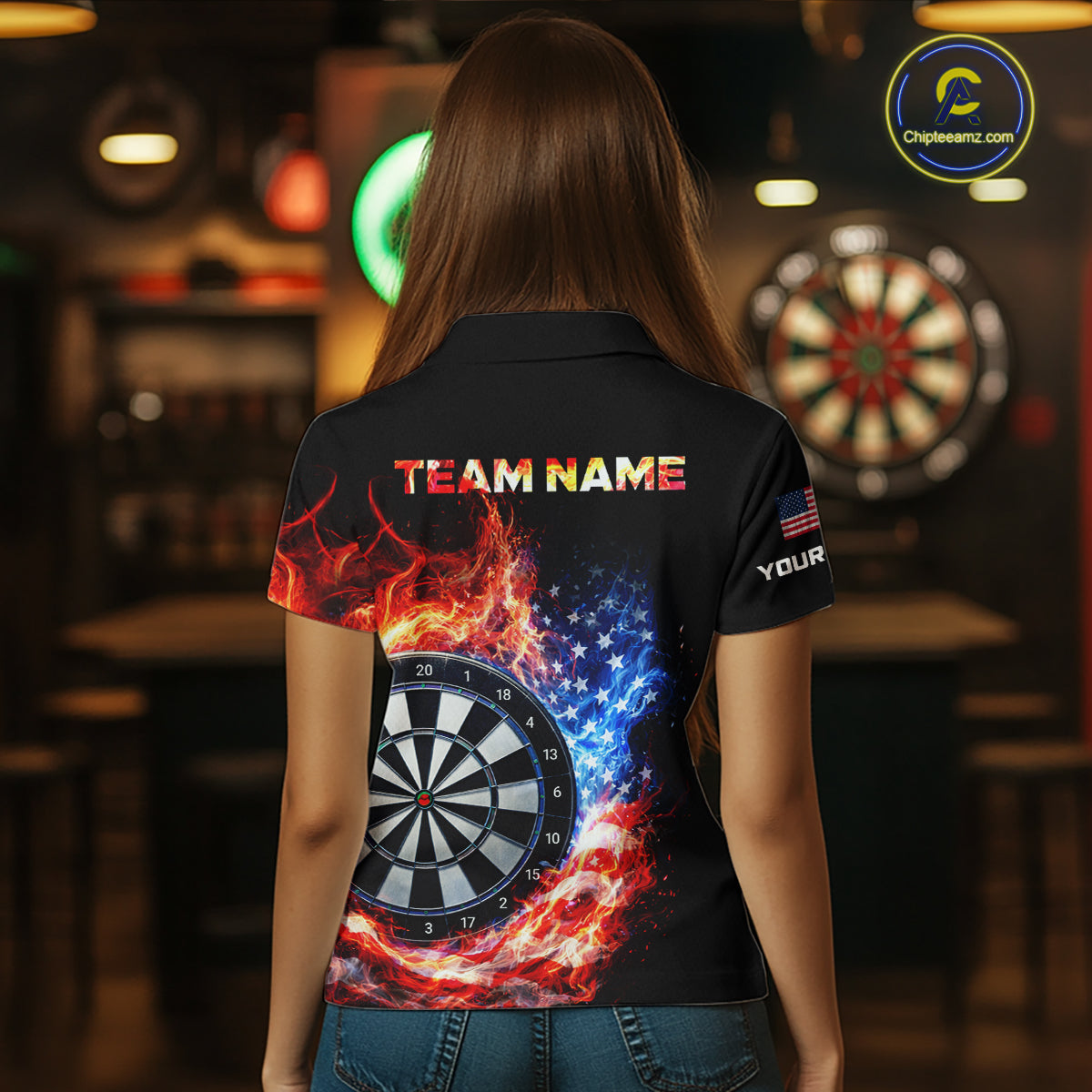 American Flag Fire Flame Smoke Dartboard Women Darts Polo Shirt Custom Dart Team Jersey Gifts NYN2537