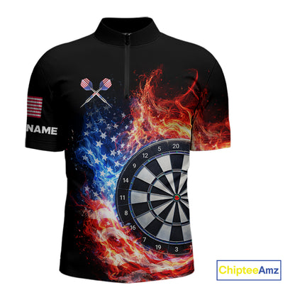 American Flag Fire Flame Smoke Dartboard Men Darts 1/4-Zip Shirt Custom Dart Team Jersey Gifts NYN2537
