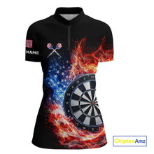 Load image into Gallery viewer, American Flag Fire Flame Smoke Dartboard Women Darts 1/4-Zip Shirt Custom Dart Team Jersey Gifts NYN2537
