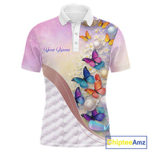 Load image into Gallery viewer, Colorful Butterfly Mens Golf Polo Shirt Custom Name Floral White Golf Ball Clothes Jerseys NYN2911