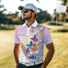 Load image into Gallery viewer, Colorful Butterfly Mens Golf Polo Shirt Custom Name Floral White Golf Ball Clothes Jerseys NYN2911