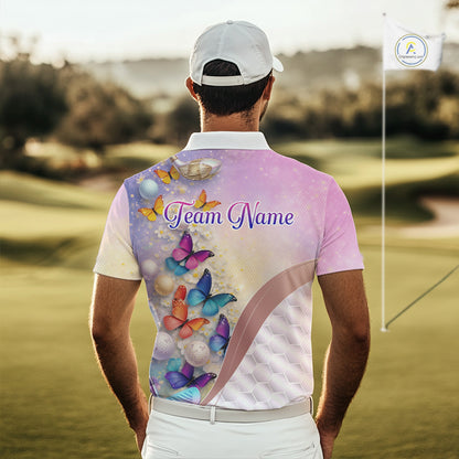 Colorful Butterfly Mens Golf Polo Shirt Custom Name Floral White Golf Ball Clothes Jerseys NYN2911