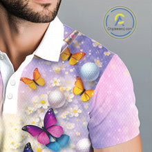 Load image into Gallery viewer, Colorful Butterfly Mens Golf Polo Shirt Custom Name Floral White Golf Ball Clothes Jerseys NYN2911