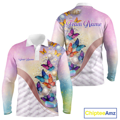 Colorful Butterfly Mens Golf Polo Shirt Custom Name Floral White Golf Ball Clothes Jerseys NYN2911