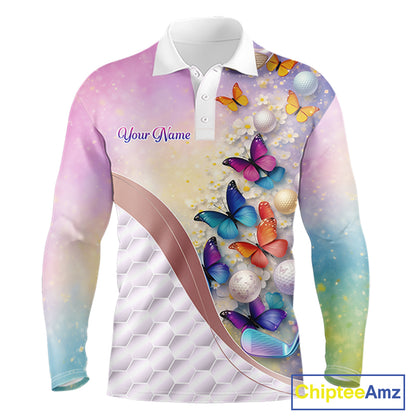 Colorful Butterfly Mens Golf Polo Shirt Custom Name Floral White Golf Ball Clothes Jerseys NYN2911