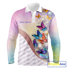 Load image into Gallery viewer, Colorful Butterfly Mens Golf Polo Shirt Custom Name Floral White Golf Ball Clothes Jerseys NYN2911