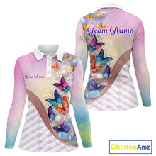 Load image into Gallery viewer, Colorful Butterfly Womens Golf Polo Shirt Custom Name Floral White Golf Ball Clothes Jerseys NYN2911