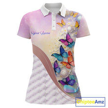 Load image into Gallery viewer, Colorful Butterfly Womens Golf Polo Shirt Custom Name Floral White Golf Ball Clothes Jerseys NYN2911
