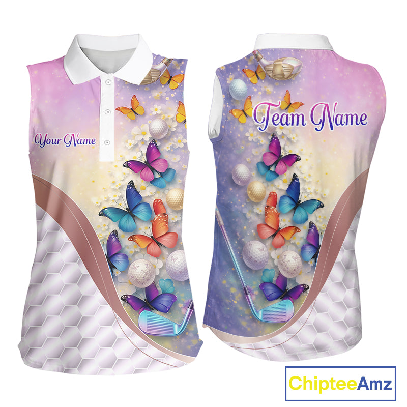 Colorful Butterfly Womens Sleeveless Golf Polo Shirt Custom Name Floral White Golf Ball Jerseys NYN2911