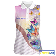 Load image into Gallery viewer, Colorful Butterfly Womens Sleeveless Golf Polo Shirt Custom Name Floral White Golf Ball Jerseys NYN2911