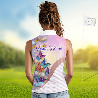 Colorful Butterfly Womens Sleeveless Golf Polo Shirt Custom Name Floral White Golf Ball Jerseys NYN2911