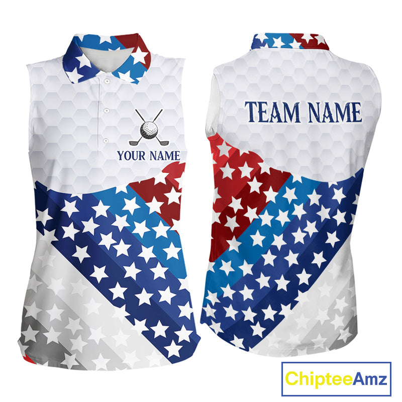 Womens Sleeveless Golf Polo Shirts Star Pattern Custom Patriotic Golf Team Shirts, Golf Gifts NYN2915