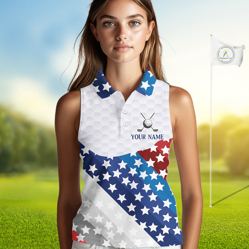 Womens Sleeveless Golf Polo Shirts Star Pattern Custom Patriotic Golf Team Shirts, Golf Gifts NYN2915
