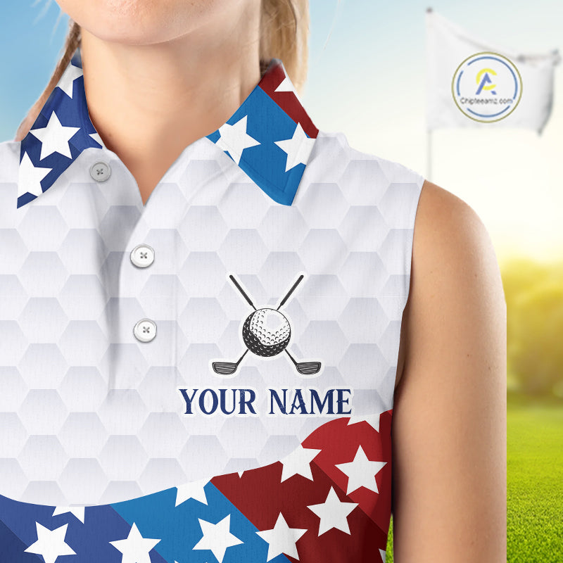 Womens Sleeveless Golf Polo Shirts Star Pattern Custom Patriotic Golf Team Shirts, Golf Gifts NYN2915