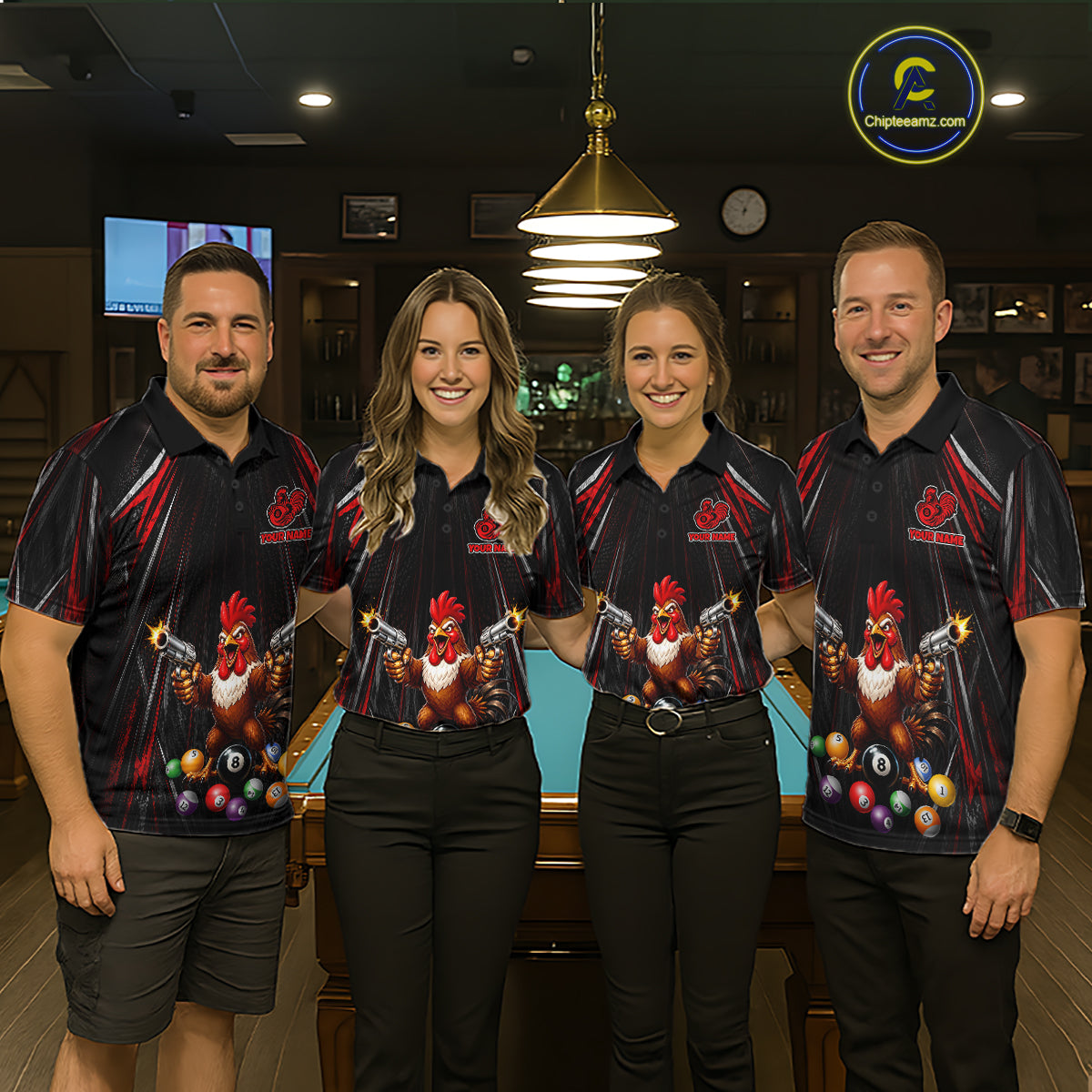 Black And Red Grunge Rooster Gun 8 Ball Women Billiard Polo Shirts Custom Funny Billiard Team Apparel NYN3297