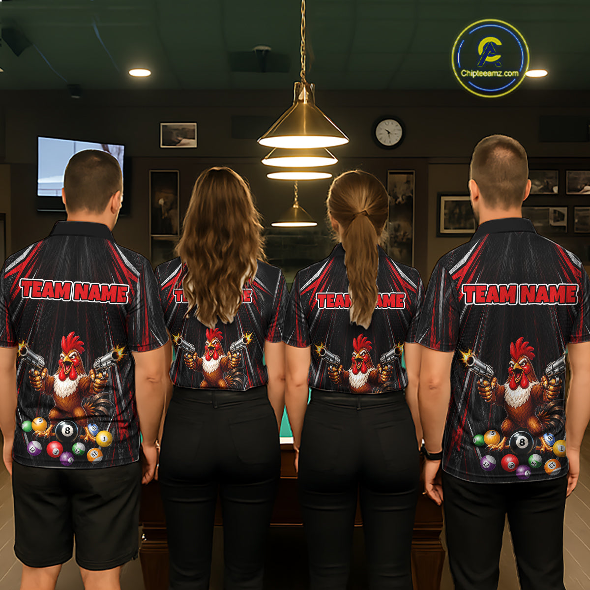 Black And Red Grunge Rooster Gun 8 Ball Women Billiard Polo Shirts Custom Funny Billiard Team Apparel NYN3297