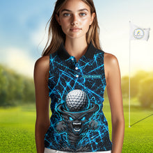 Load image into Gallery viewer, Female golfer wearing tornado lightning golf polo shirt, UPF golf apparel, women's golf tournament outfit
