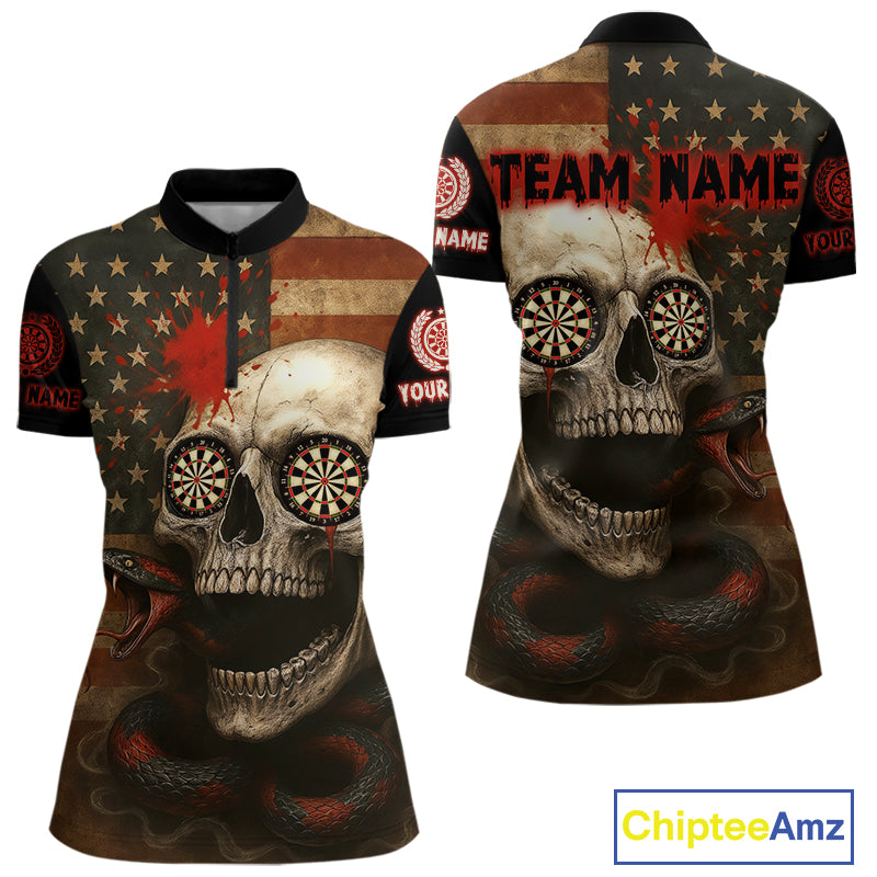 Custom Horror Cobra Skull Dartboard Dart 1/4-Zip Shirt For Women Patriotic Dart Team Jersey NYN1500