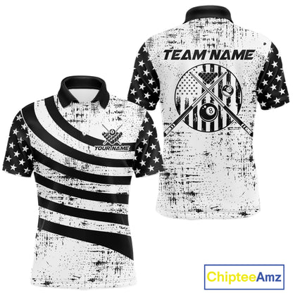 Black & White US Flag Billiards Polo 1/4-Zip Shirt For Men Custom Name 8-Ball Pool Team Jersey NYN4604