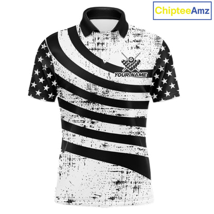 Black & White US Flag Billiards Polo 1/4-Zip Shirt For Men Custom Name 8-Ball Pool Team Jersey NYN4604