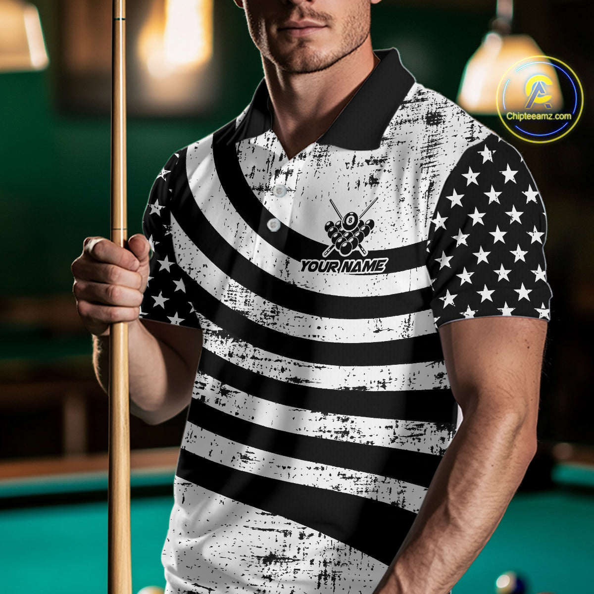 Black & White US Flag Billiards Polo 1/4-Zip Shirt For Men Custom Name 8-Ball Pool Team Jersey NYN4604