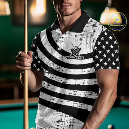 Black & White US Flag Billiards Polo 1/4-Zip Shirt For Men Custom Name 8-Ball Pool Team Jersey NYN4604