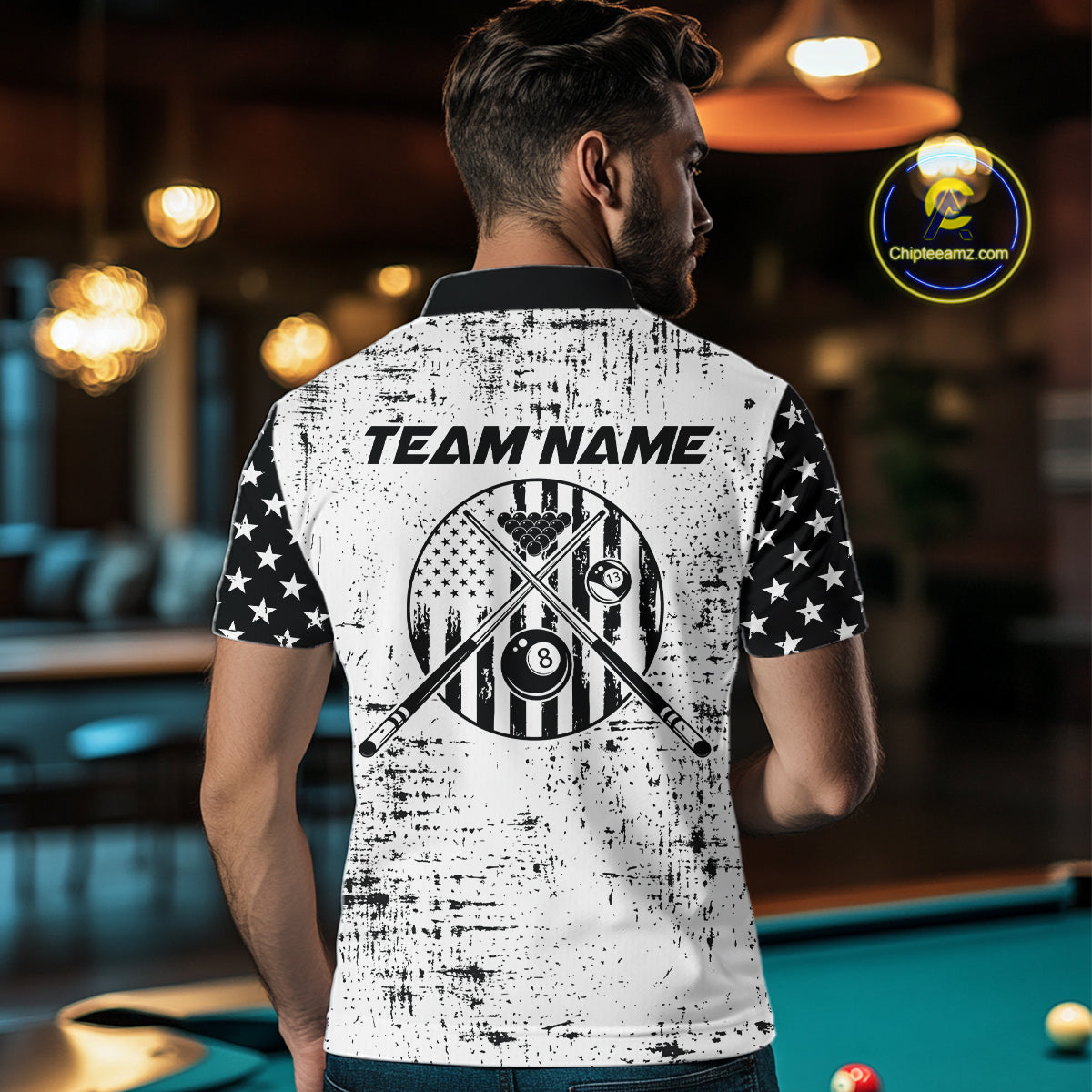 Black & White US Flag Billiards Polo 1/4-Zip Shirt For Men Custom Name 8-Ball Pool Team Jersey NYN4604