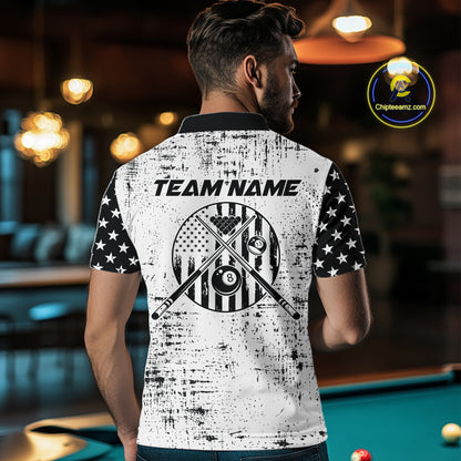 Black & White US Flag Billiards Polo 1/4-Zip Shirt For Men Custom Name 8-Ball Pool Team Jersey NYN4604