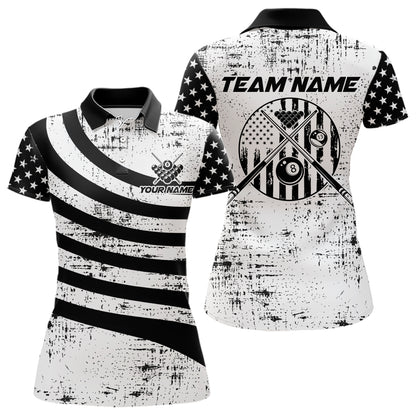 Black & White US Flag Billiards Polo 1/4-Zip Shirt For Women Custom Name 8-Ball Pool Team Jersey NYN4604