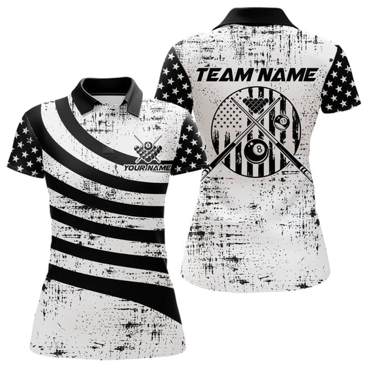 Black & White US Flag Billiards Polo 1/4-Zip Shirt For Women Custom Name 8-Ball Pool Team Jersey NYN4604