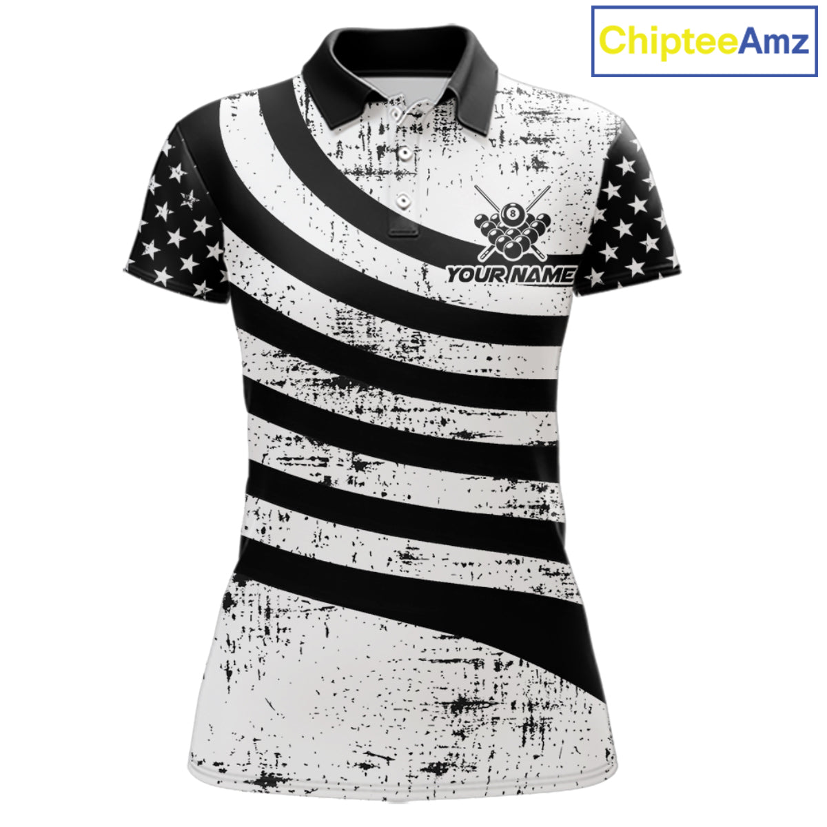 Black & White US Flag Billiards Polo 1/4-Zip Shirt For Women Custom Name 8-Ball Pool Team Jersey NYN4604