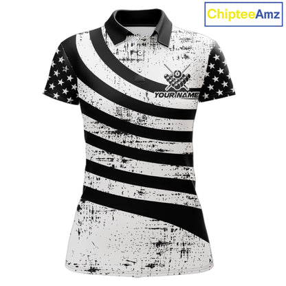 Black & White US Flag Billiards Polo 1/4-Zip Shirt For Women Custom Name 8-Ball Pool Team Jersey NYN4604