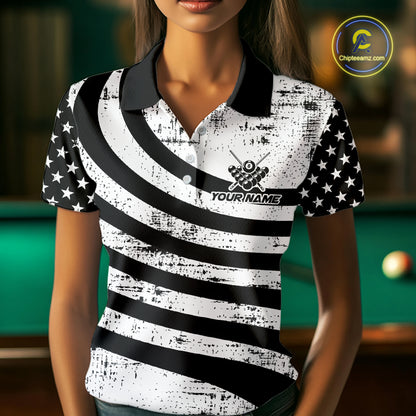 Black & White US Flag Billiards Polo 1/4-Zip Shirt For Women Custom Name 8-Ball Pool Team Jersey NYN4604