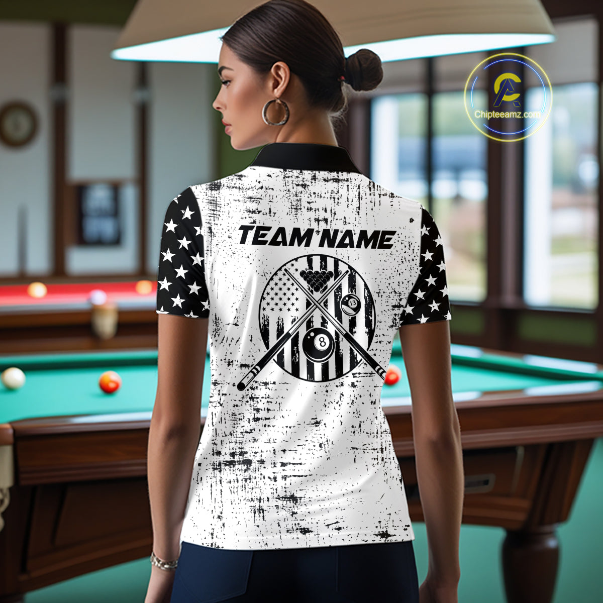 Black & White US Flag Billiards Polo 1/4-Zip Shirt For Women Custom Name 8-Ball Pool Team Jersey NYN4604
