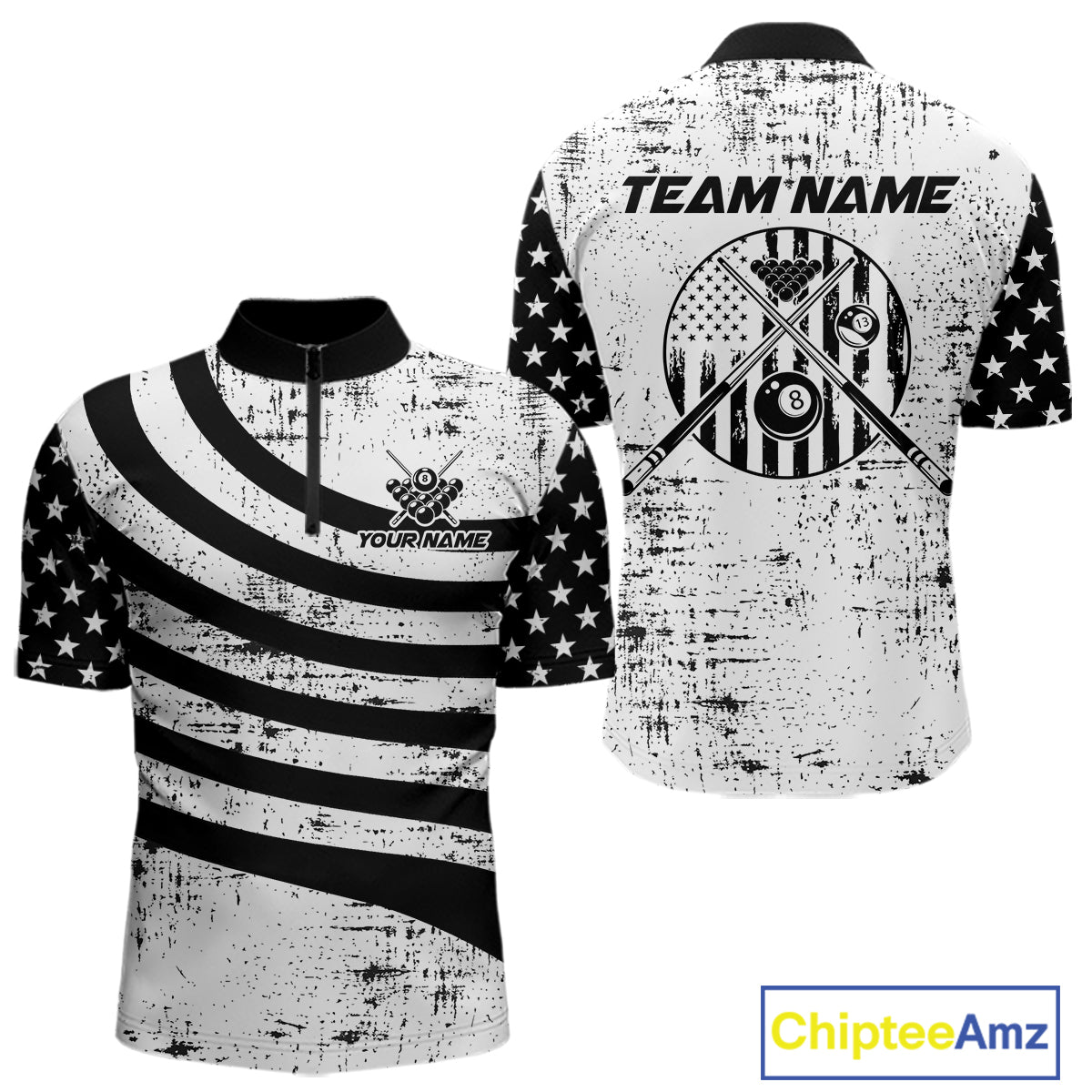 Black & White US Flag Billiards Polo 1/4-Zip Shirt For Men Custom Name 8-Ball Pool Team Jersey NYN4604