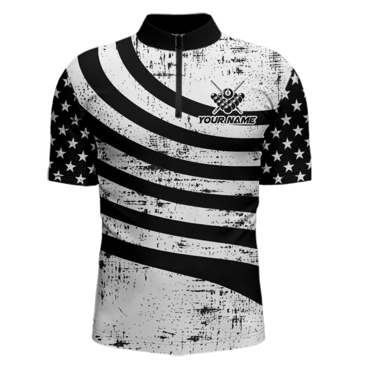 Black & White US Flag Billiards Polo 1/4-Zip Shirt For Men Custom Name 8-Ball Pool Team Jersey NYN4604