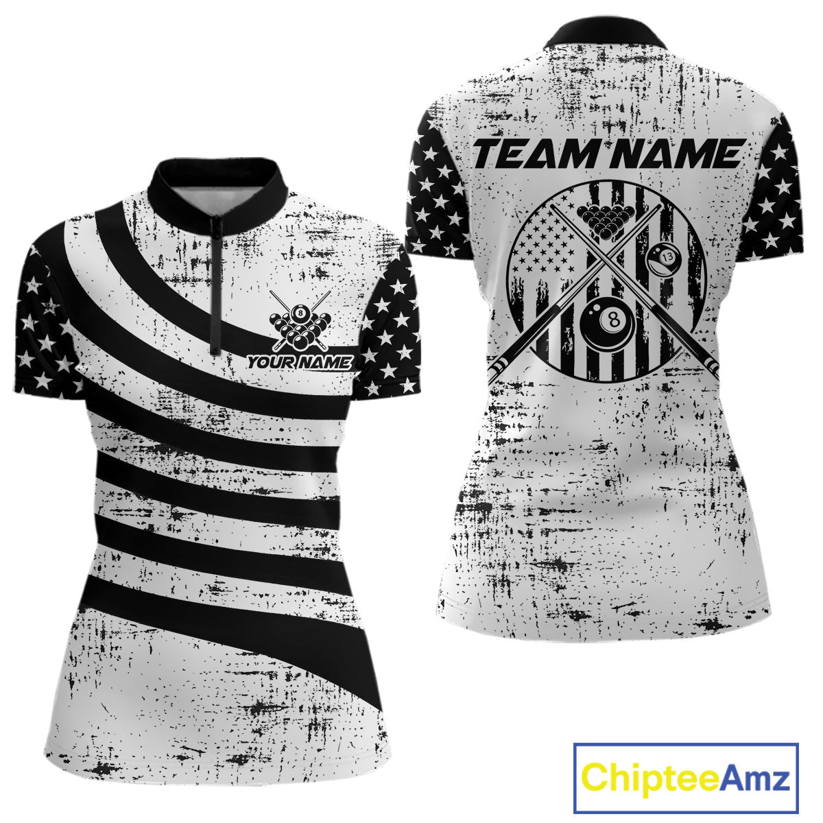 Black & White US Flag Billiards Polo 1/4-Zip Shirt For Women Custom Name 8-Ball Pool Team Jersey NYN4604