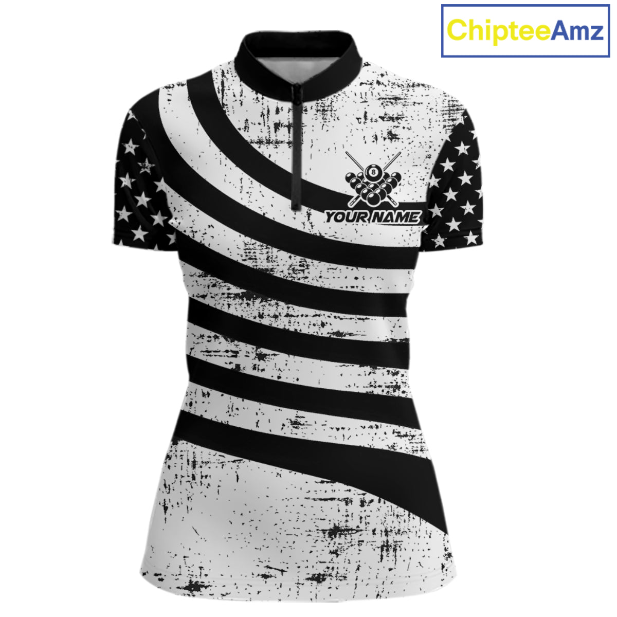 Black & White US Flag Billiards Polo 1/4-Zip Shirt For Women Custom Name 8-Ball Pool Team Jersey NYN4604