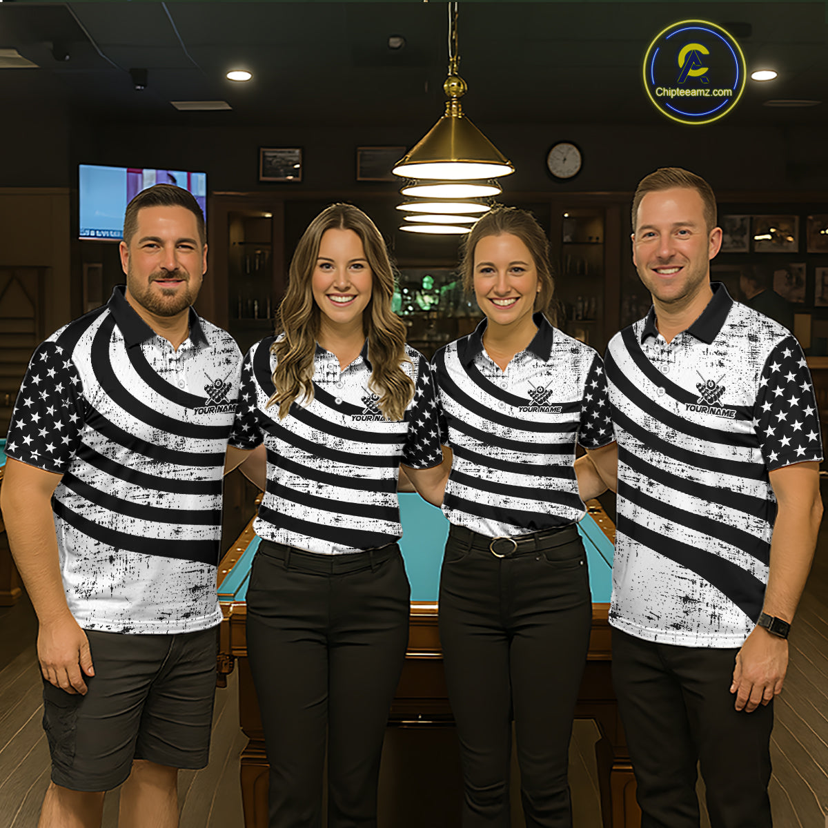 Black & White US Flag Billiards Polo 1/4-Zip Shirt For Men Custom Name 8-Ball Pool Team Jersey NYN4604