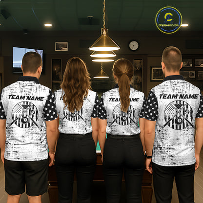 Black & White US Flag Billiards Polo 1/4-Zip Shirt For Men Custom Name 8-Ball Pool Team Jersey NYN4604
