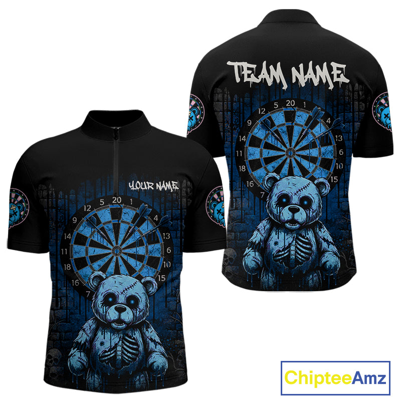 Black And Blue Dripping Creepy Bear Grunge Custom Quarter-Zip Dart Shirt For Men Dart Jerseys NYN2022