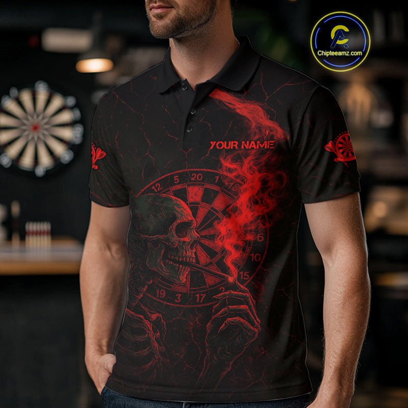 Red Smoking Skeleton Bone Cracked Dartboard Custom Men Polo Dart Jerseys Dart Gifts NYN2033