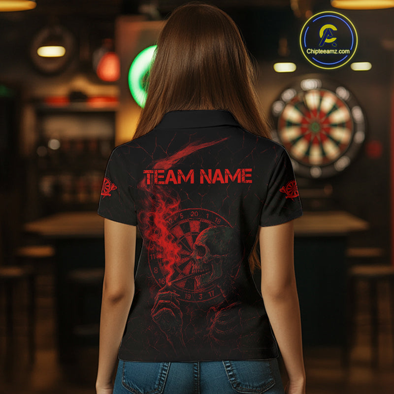 Red Smoking Skeleton Bone Cracked Dartboard Custom Women Polo Dart Jerseys Dart Gifts NYN2033