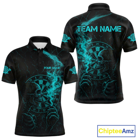 Teal Smoking Skeleton Bone Cracked Dartboard Custom Men Polo Dart Jerseys Dart Gifts NYN2034