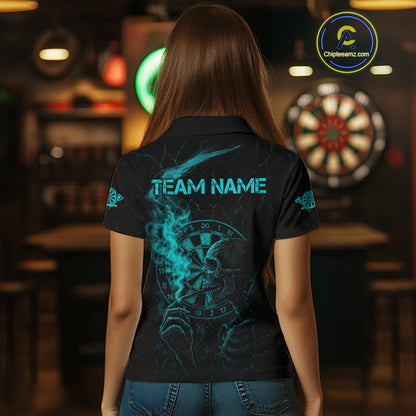 Teal Smoking Skeleton Bone Cracked Dartboard Custom Women Polo Dart Jerseys Dart Gifts NYN2034